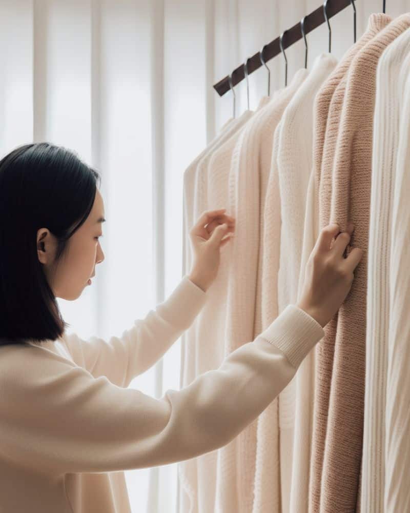 Finished sweaters on display at Knitwear World