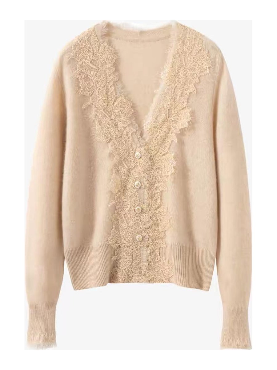 Beige cardigan with lace front, style DS27-VE026, from the Knitwear World sample collection