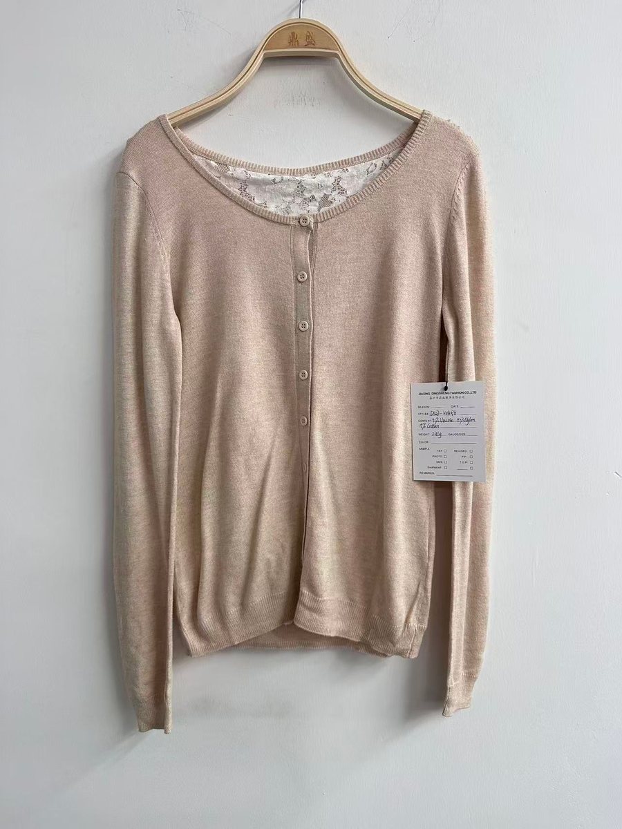 Beige cardigan with lace-trim neckline, style DS27-K04076, from the Knitwear World sample collection