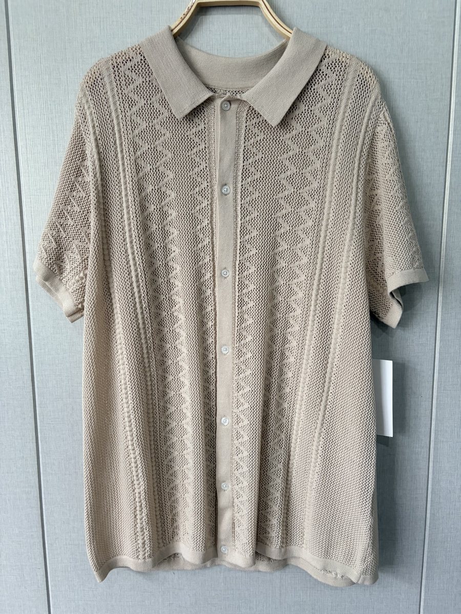 Men's beige pointelle button-through knit polo shirt, style DS26-08111, from the Knitwear World sample collection