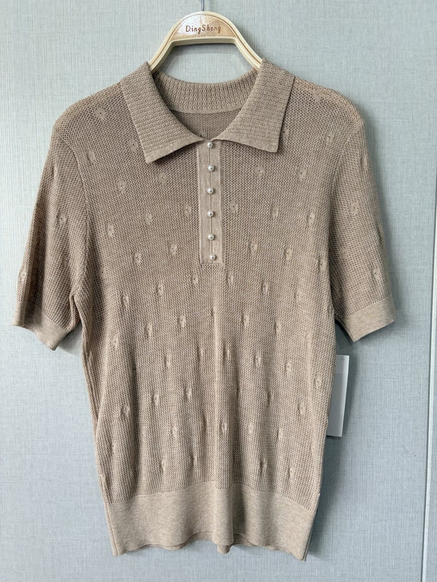 Men's beige short-sleeve knit polo with pointelle dots, style DS26-K10019, from the Knitwear World sample collection