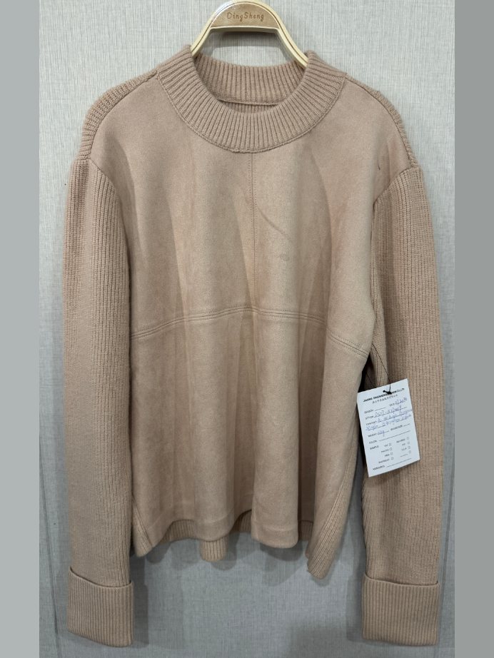 Beige suede-look panel mock-neck pullover, style DS27-K070019, from the Knitwear World sample collection
