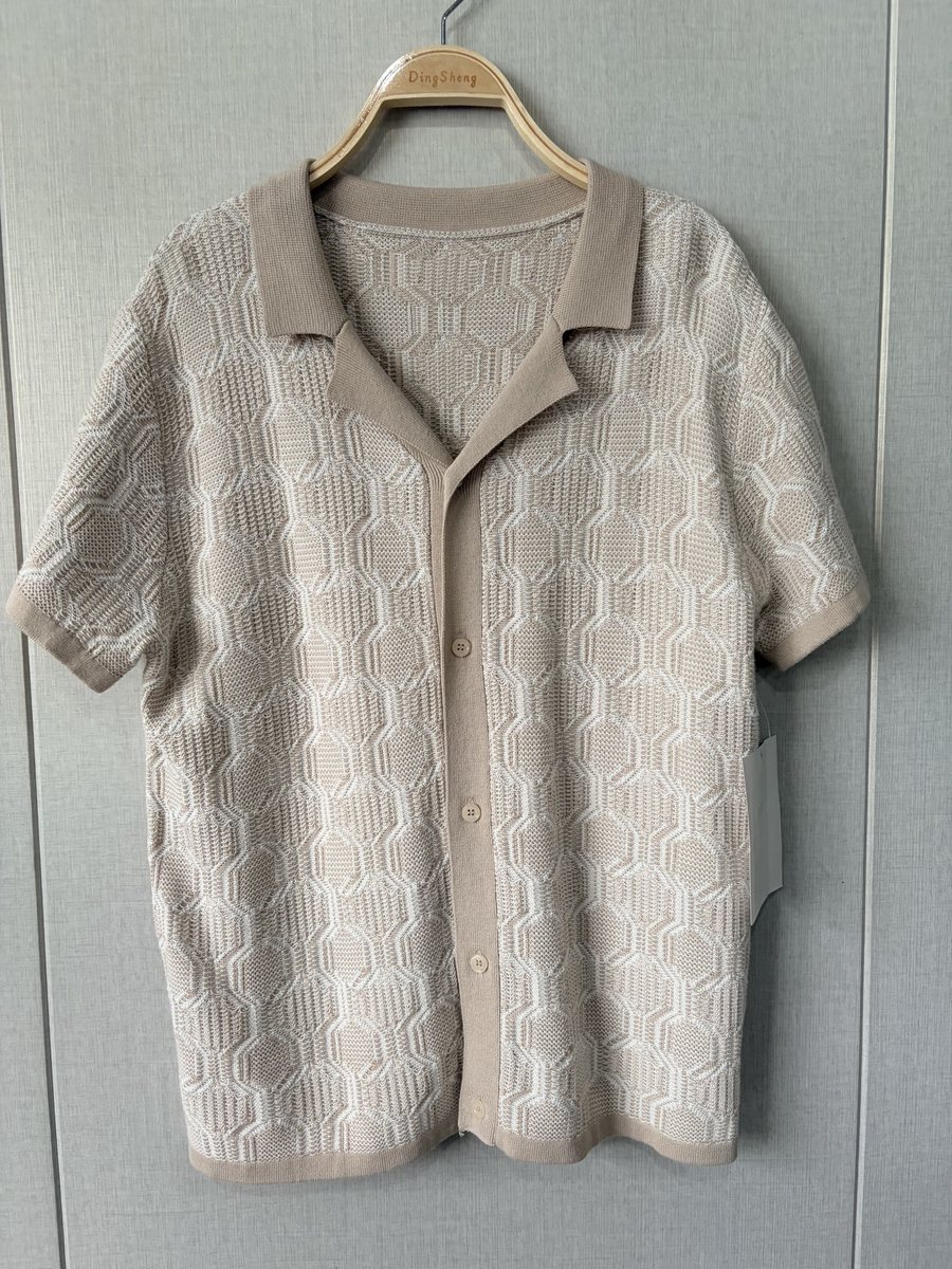 Men's beige textured knit shirt with camp collar, style DS26-08112, from the Knitwear World sample collection