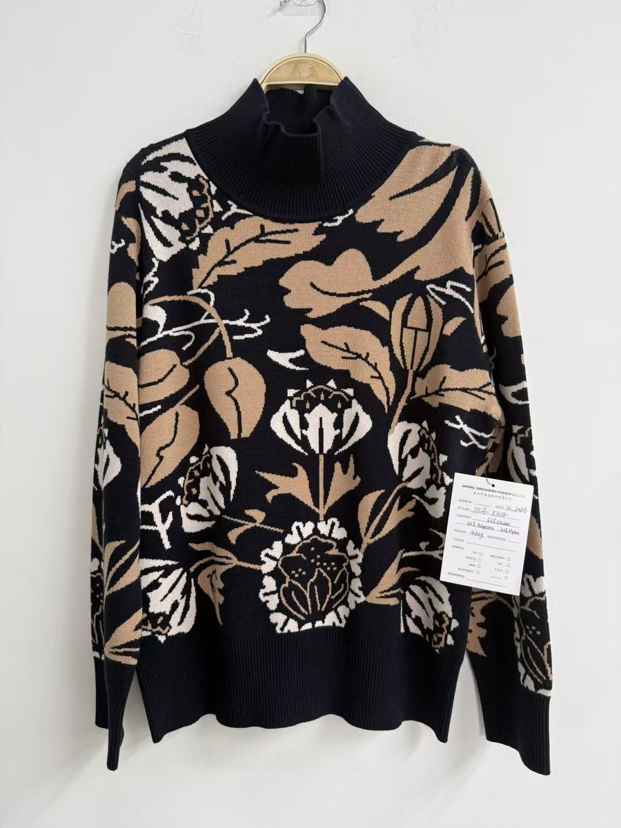 Black and camel floral jacquard mock-neck pullover, style DS27-K1002, from the Knitwear World sample collection
