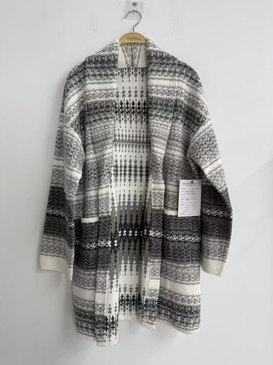 Black and ivory Fair Isle-style longline cardigan, style DS27-K1041, from the Knitwear World sample collection