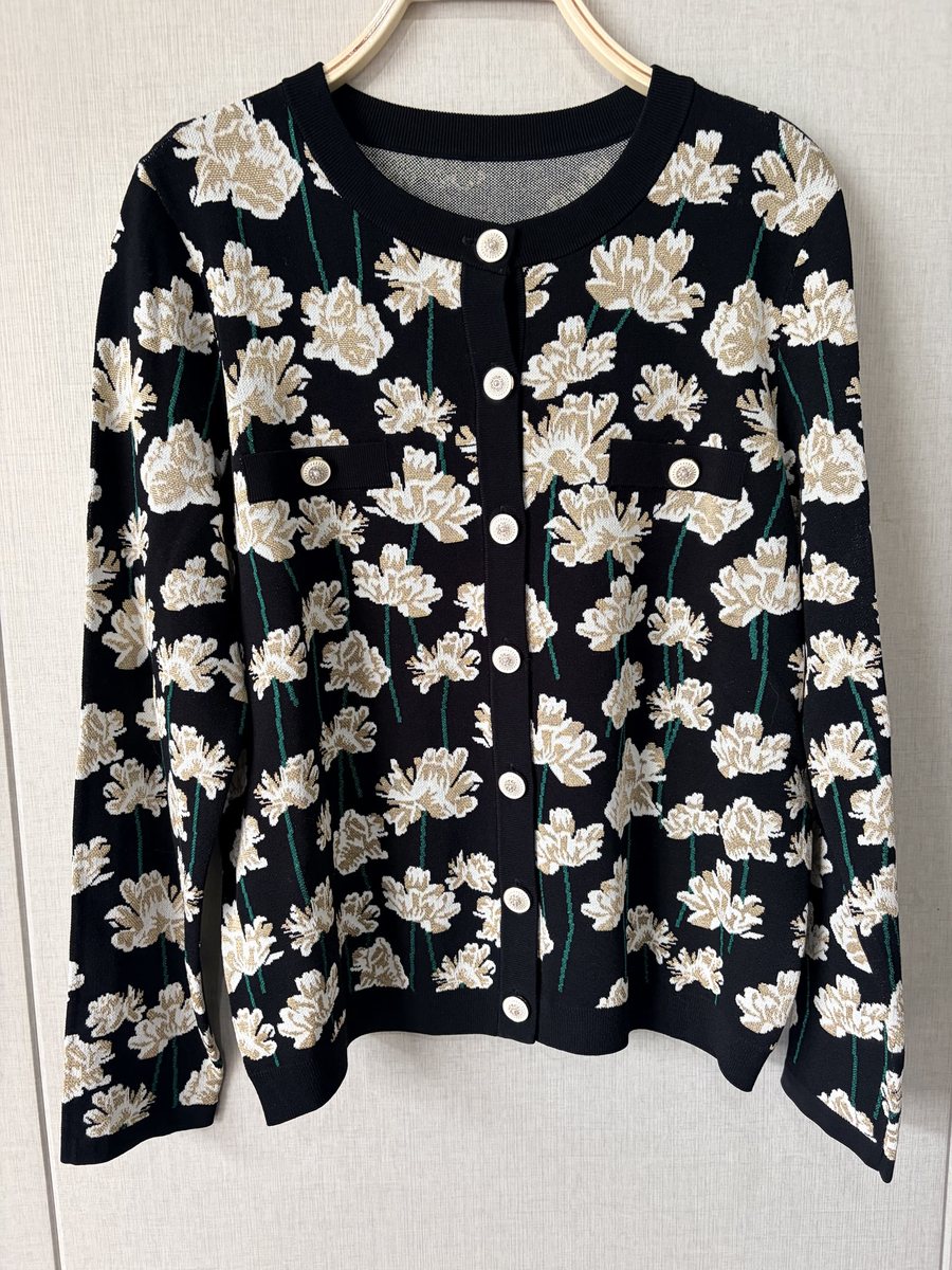 Black and ivory floral cardigan, style DS27-K070024, from the Knitwear World sample collection