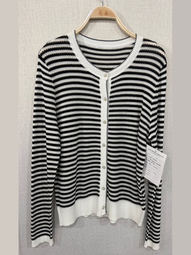 Black and ivory stripe crew-neck cardigan, style DS27-K04002, from the Knitwear World sample collection