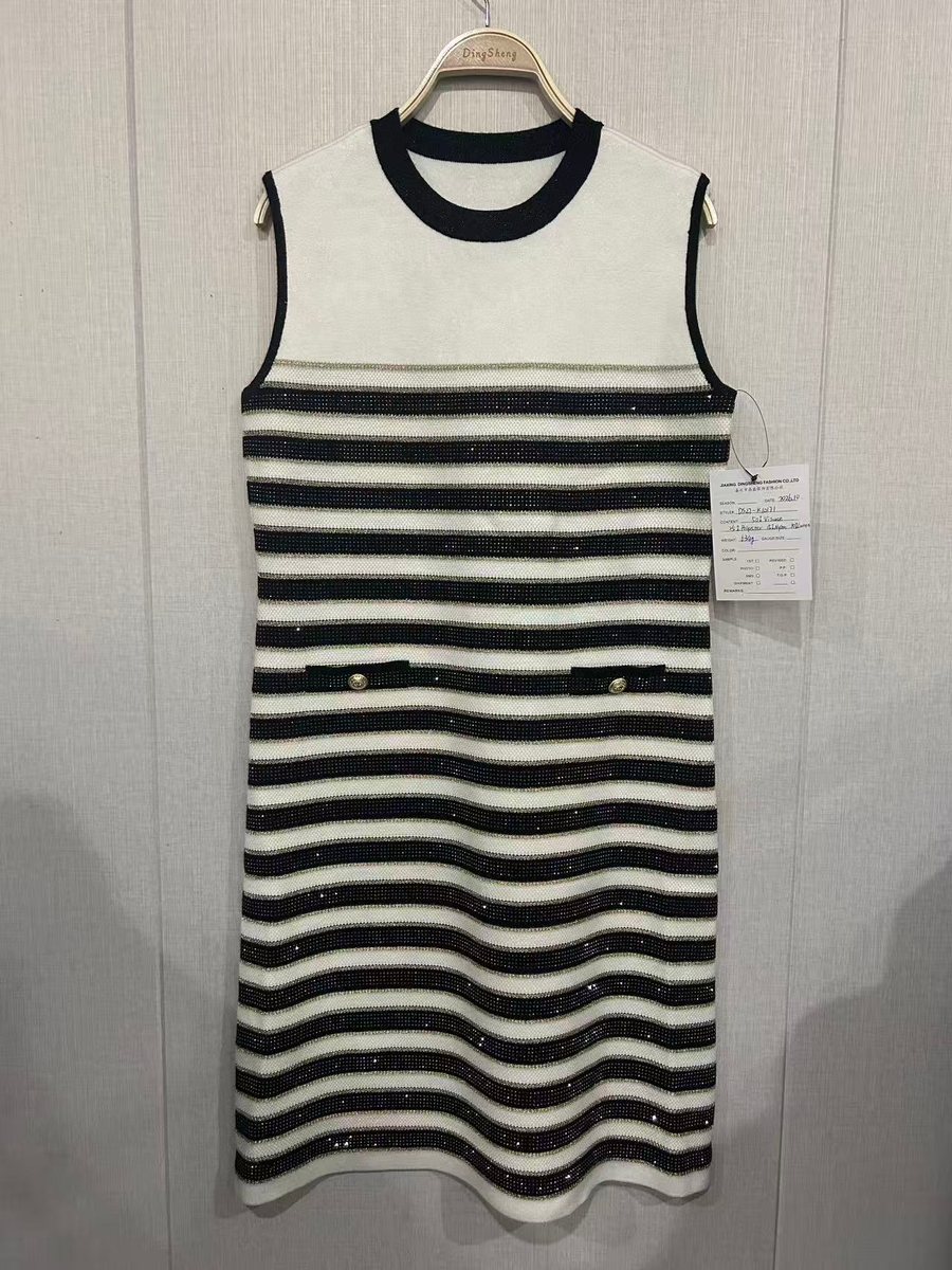 Black and ivory stripe sleeveless knit dress with sequins, style DS27-K10171, from the Knitwear World sample collection