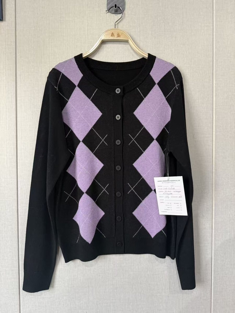 Black and lilac argyle cardigan, style DS26-TT09018, from the Knitwear World sample collection