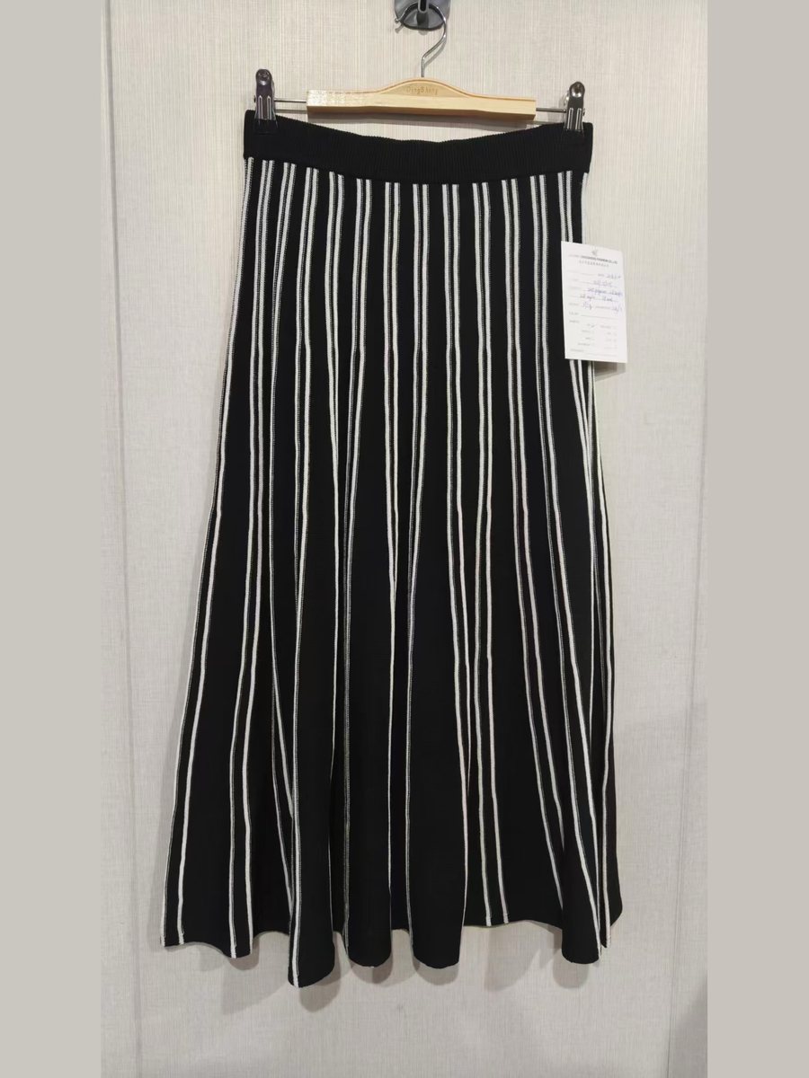 Black and white stripe knit midi skirt, style DS27-09031, from the Knitwear World sample collection