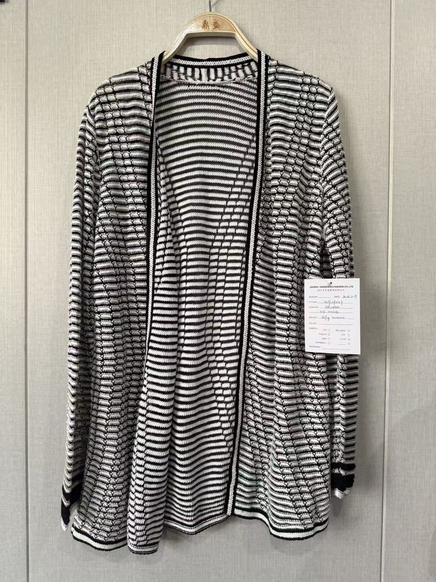 Black and white stripe longline cardigan, style DS27-09049, from the Knitwear World sample collection