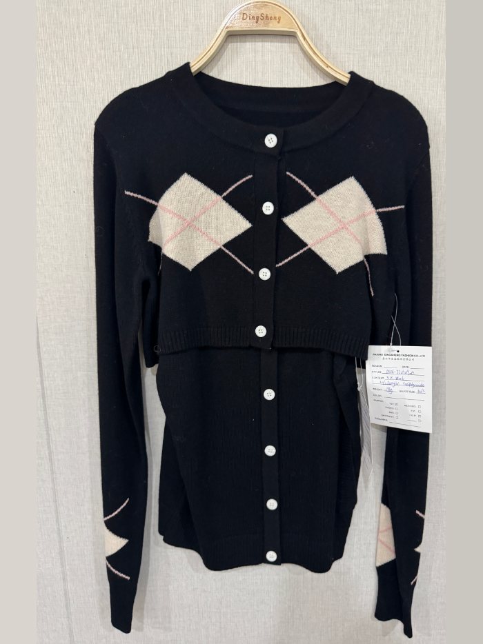 Black argyle layered twinset, style DS26-TT09019, from the Knitwear World sample collection