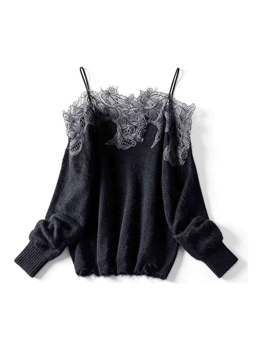 Black off-shoulder pullover with lace trim, style DS27-VE012, from the Knitwear World sample collection