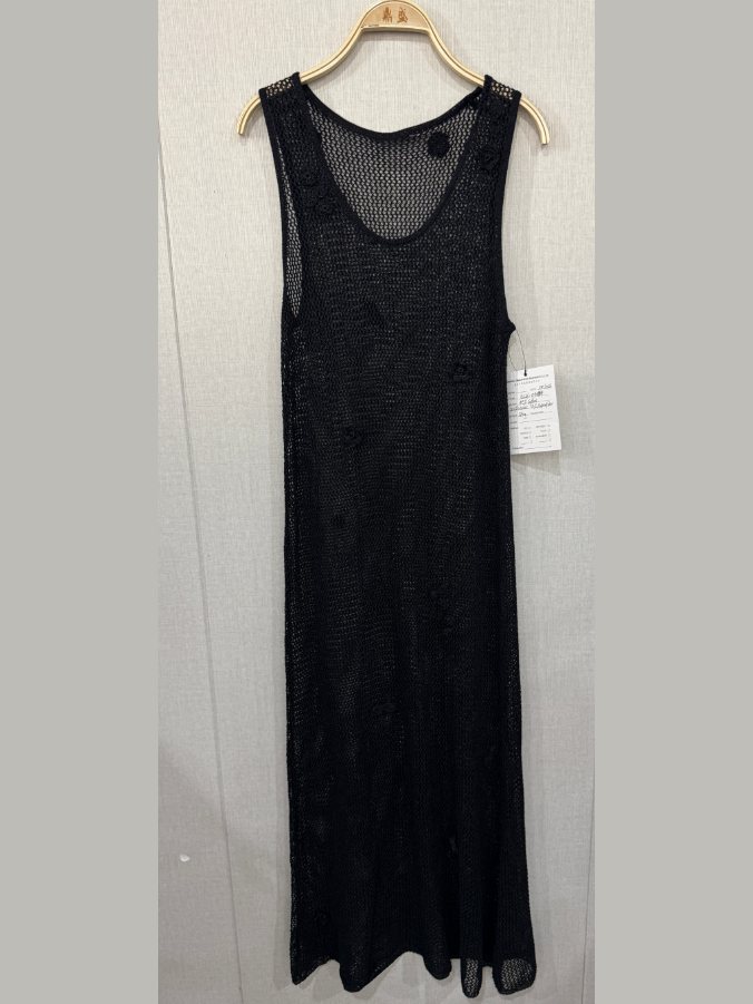 Black open-knit sleeveless maxi dress, style DS26-04084, from the Knitwear World sample collection