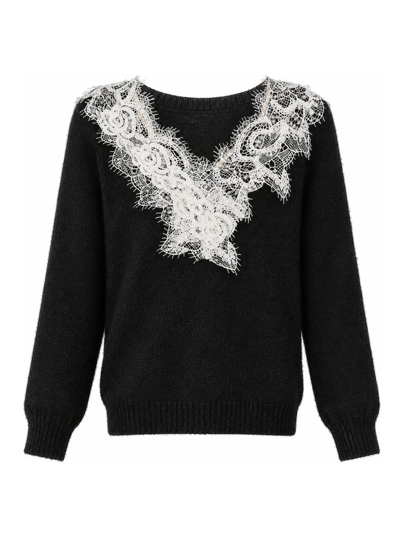 Black pullover with lace V-yoke, style DS27-SL0922, from the Knitwear World sample collection