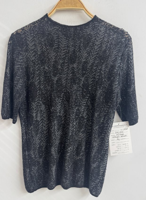 Black sheer metallic short-sleeve top, style DS25-03166, from the Knitwear World sample collection
