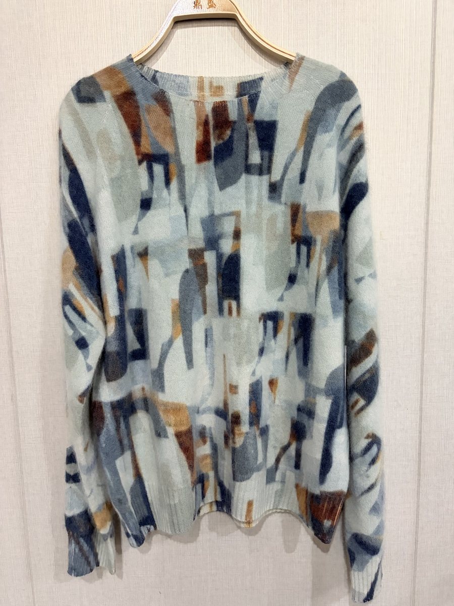 Blue abstract print brushed pullover, style DS27-B07003, from the Knitwear World sample collection