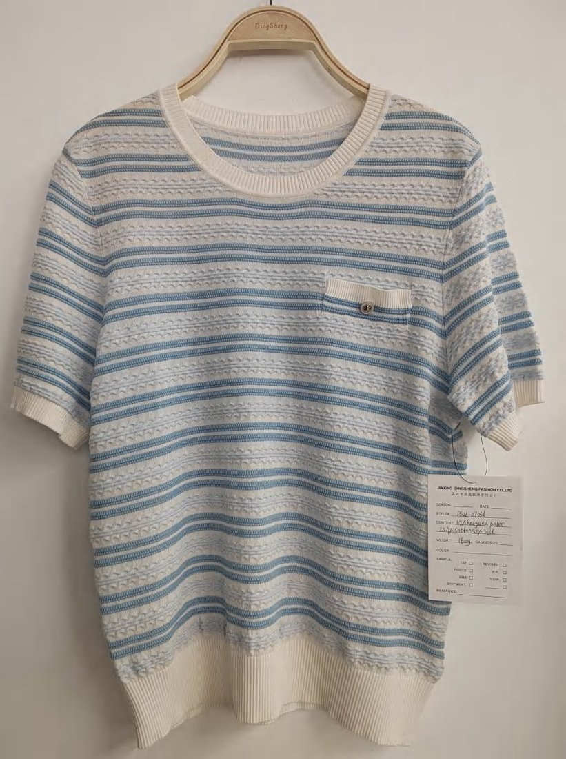 Blue and cream stripe short-sleeve top, style DS26-07036, from the Knitwear World sample collection