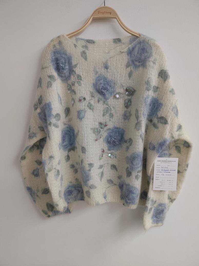 Blue floral print brushed-knit cardigan, style DS26-08049, from the Knitwear World sample collection