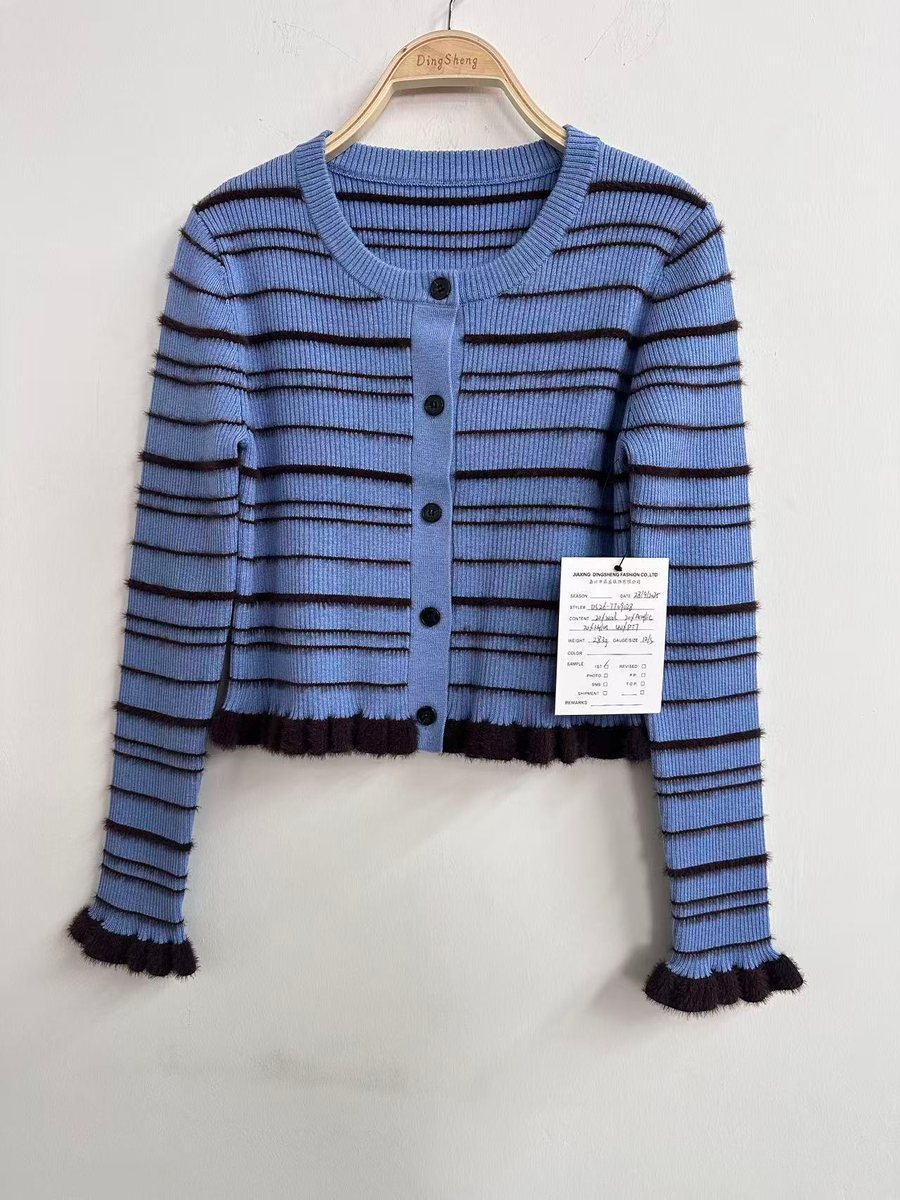Blue stripe cardigan with ruffle cuffs, style DS27-TT09028, from the Knitwear World sample collection