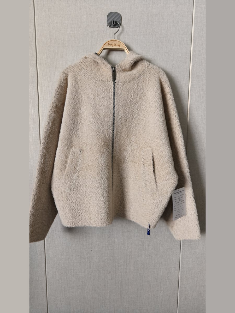 Blush faux-mink hooded zip jacket, style DS27-2235B, from the Knitwear World sample collection