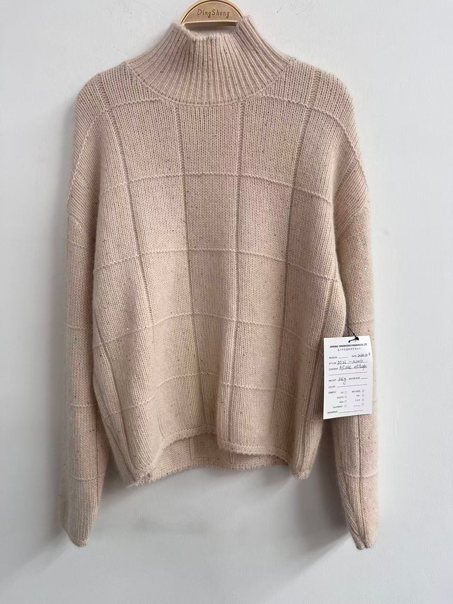 Blush grid-texture mock-neck pullover, style DS25-K12016, from the Knitwear World sample collection