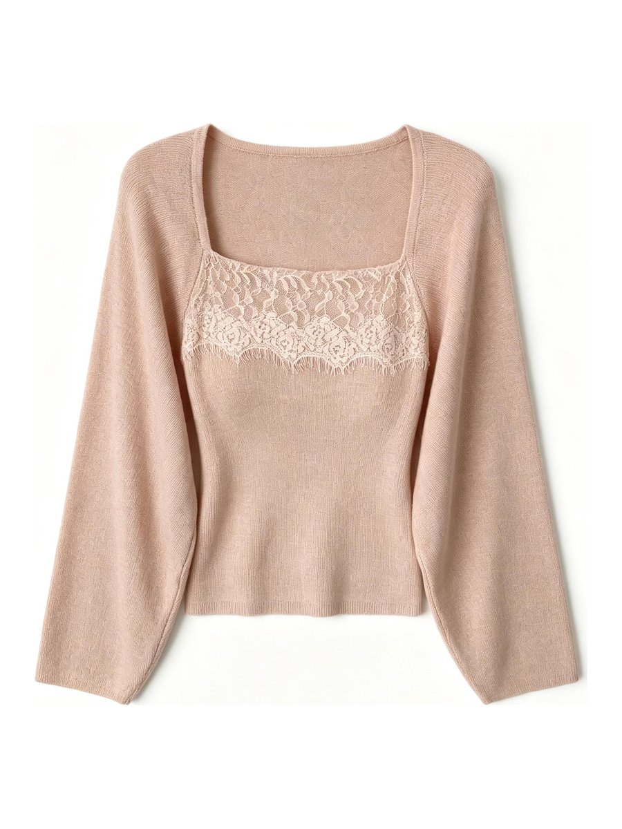 Blush square-neck pullover with lace inset, style DS27-VE02, from the Knitwear World sample collection