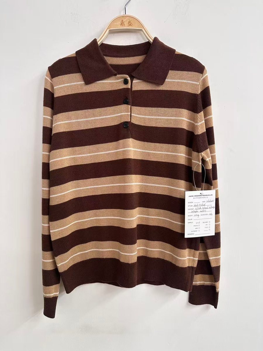 Brown and cream stripe long-sleeve polo sweater, style DS26-TT09036, from the Knitwear World sample collection