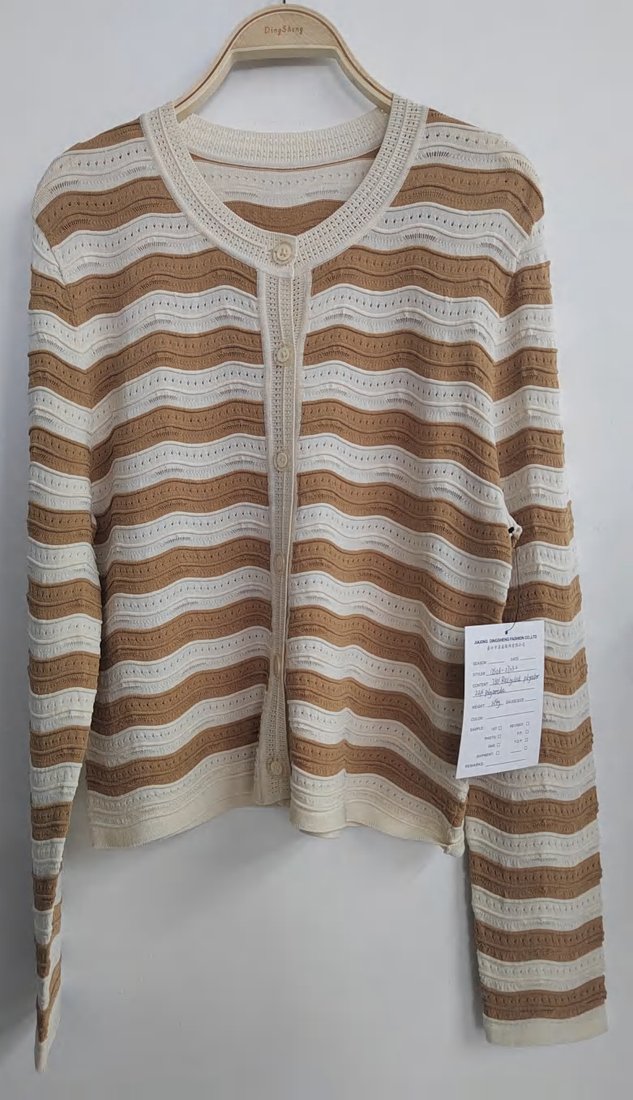 Brown and cream wave-stripe cardigan, style DS26-07032, from the Knitwear World sample collection
