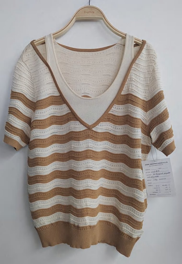Brown and cream wave-stripe short-sleeve top, style DS26-07028, from the Knitwear World sample collection