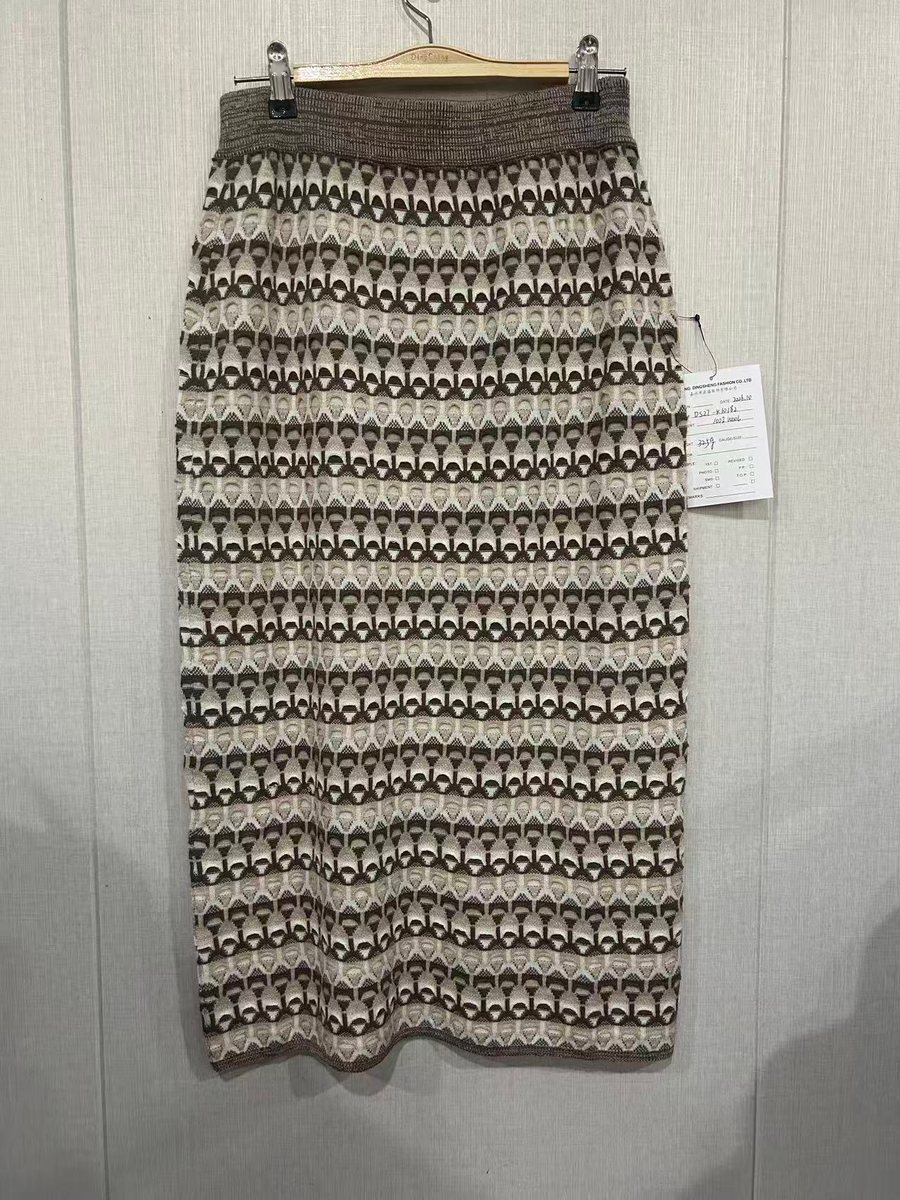 Brown and ivory jacquard knit midi skirt, style DS27-K10182, from the Knitwear World sample collection