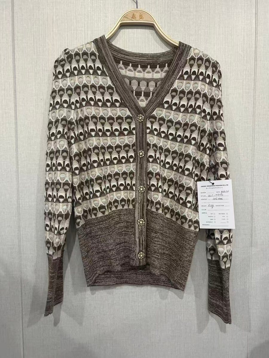Brown and ivory jacquard V-neck cardigan, style DS27-K10183, from the Knitwear World sample collection