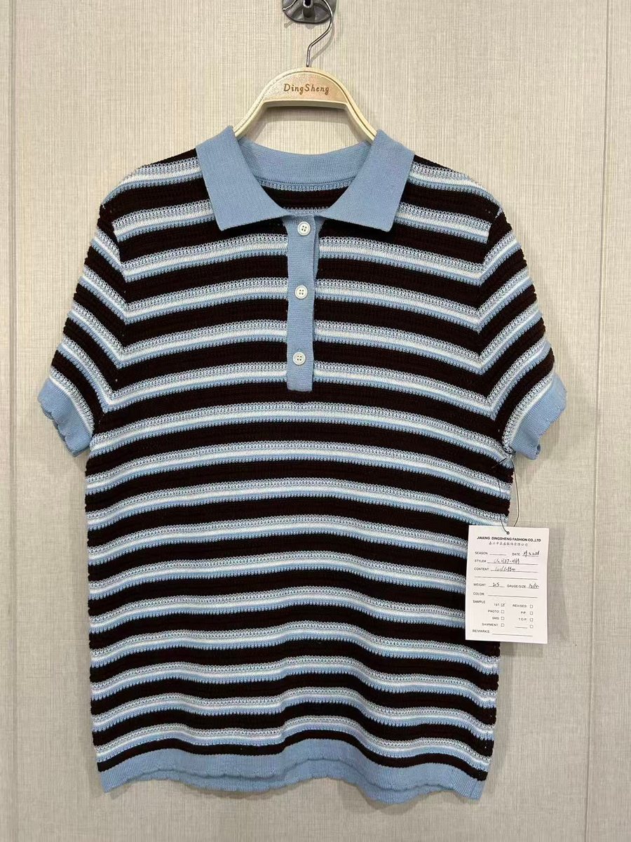Brown, black and sky-blue stripe short-sleeve knit polo, style CS0127-0169, from the Knitwear World sample collection