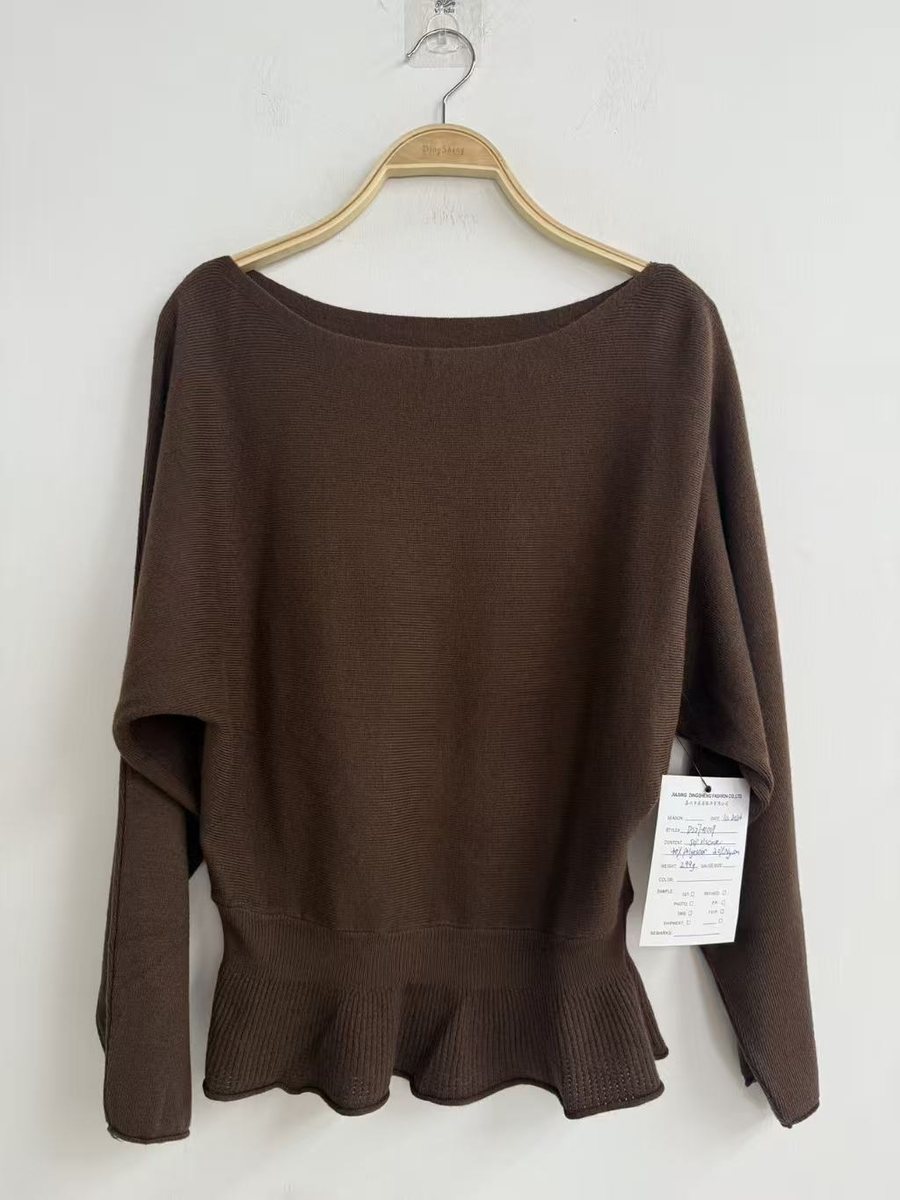 Brown boat-neck batwing pullover with peplum hem, style DS27-K1009, from the Knitwear World sample collection