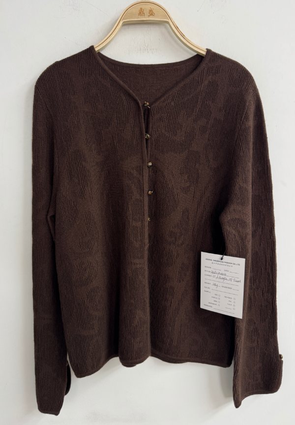Brown cardigan with tonal floral pattern, style DS27-K04016, from the Knitwear World sample collection