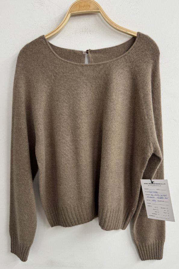 Brown crew-neck pullover with button back, style DS27-K06025, from the Knitwear World sample collection