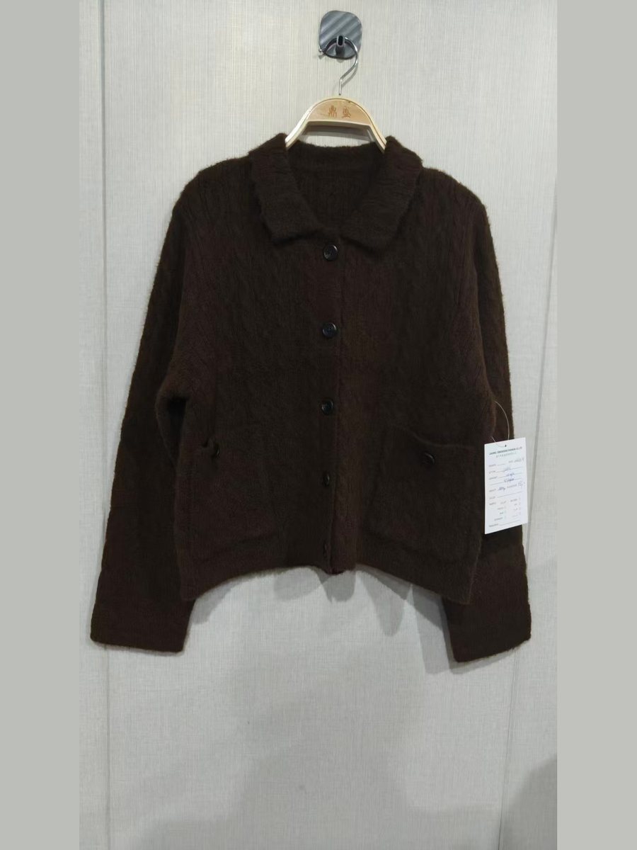 Brown faux-mink collared cardigan jacket with pockets, style JOH01, from the Knitwear World sample collection