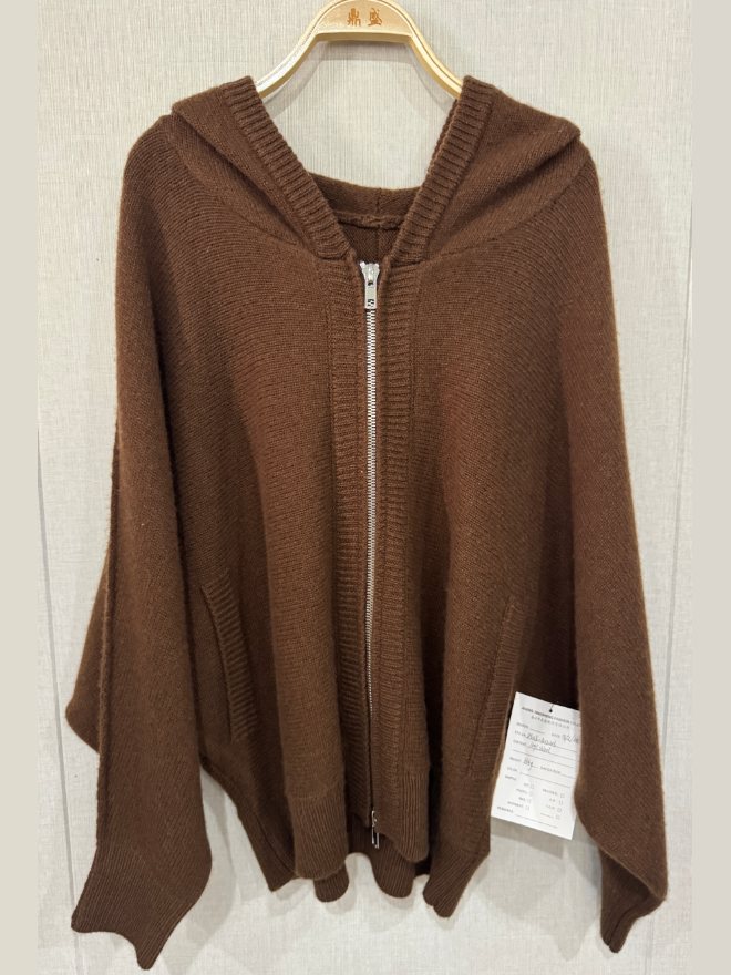 Brown hooded zip cardigan with batwing sleeves, style DS25-K12003, from the Knitwear World sample collection