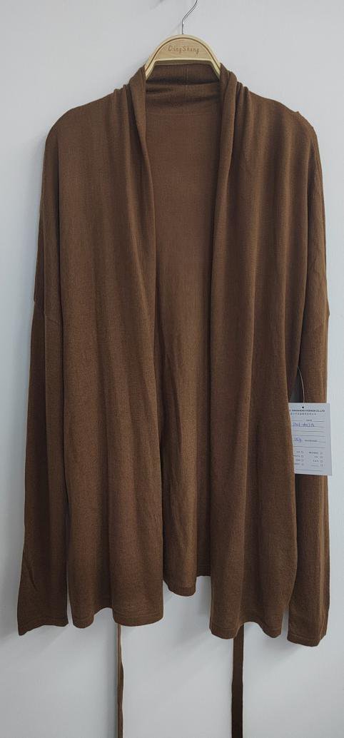 Brown long belted cardigan, style DS26-08017-B, from the Knitwear World sample collection