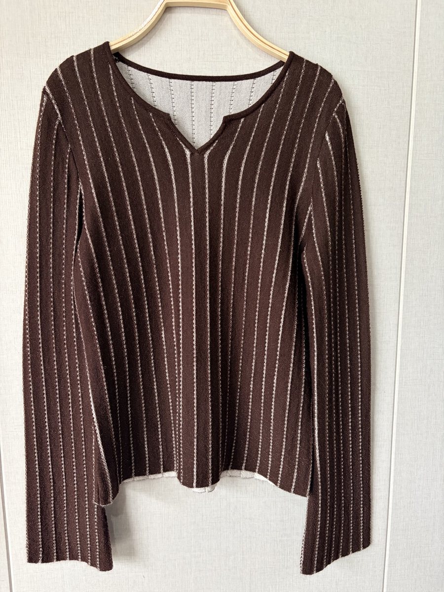 Brown pointelle-stripe notch-neck pullover, style DS27-K04031, from the Knitwear World sample collection