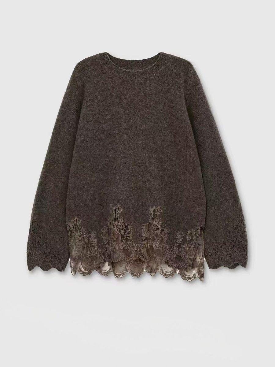 Brown pullover with lace hem, style DS27-VE013, from the Knitwear World sample collection