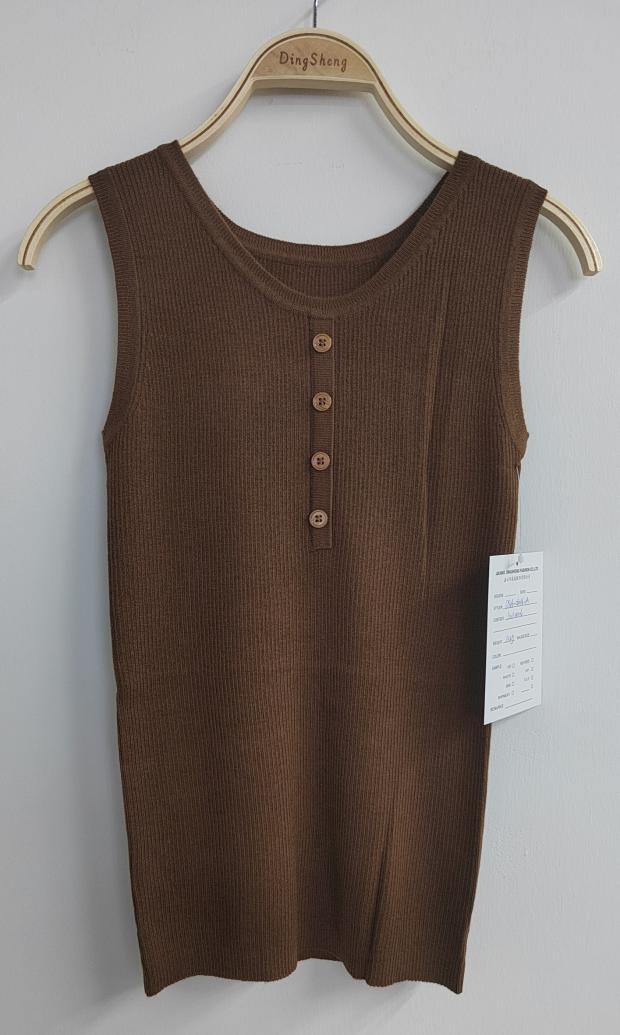 Brown sleeveless button-front knit top, style DS26-08016-A, from the Knitwear World sample collection