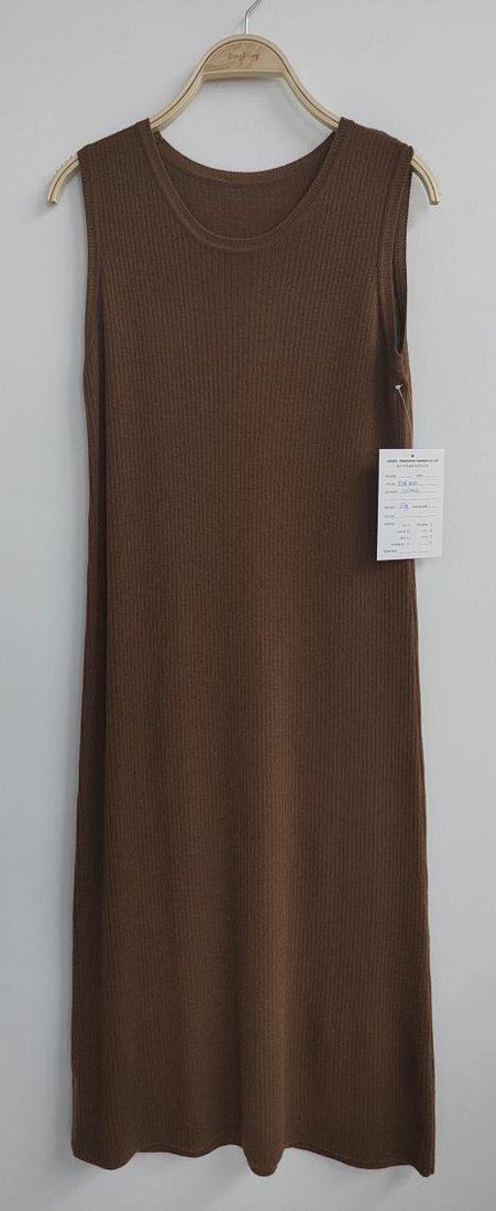 Brown sleeveless knit dress, style DS26-08012, from the Knitwear World sample collection