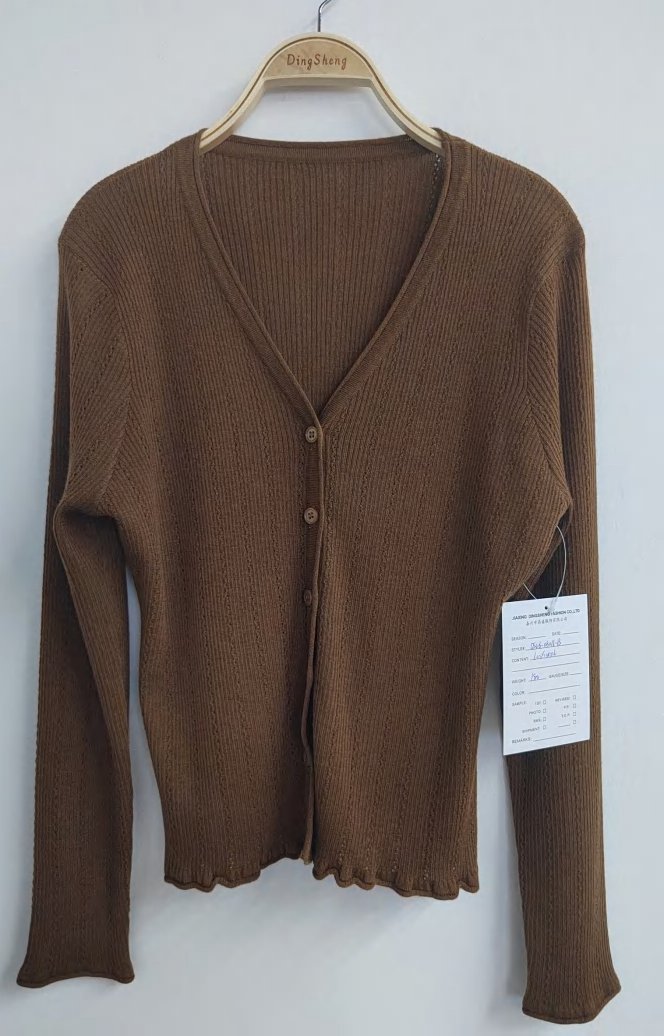 Brown V-neck cardigan, style DS26-08016-B, from the Knitwear World sample collection