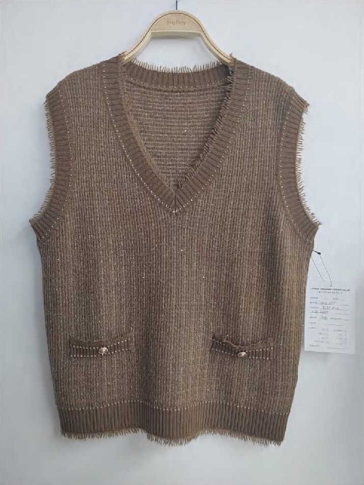 Brown V-neck sweater vest with pockets, style DS26-07031, from the Knitwear World sample collection