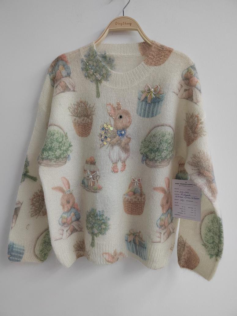 Brushed-knit pullover with rabbit and garden print, style DS26-08056, from the Knitwear World sample collection