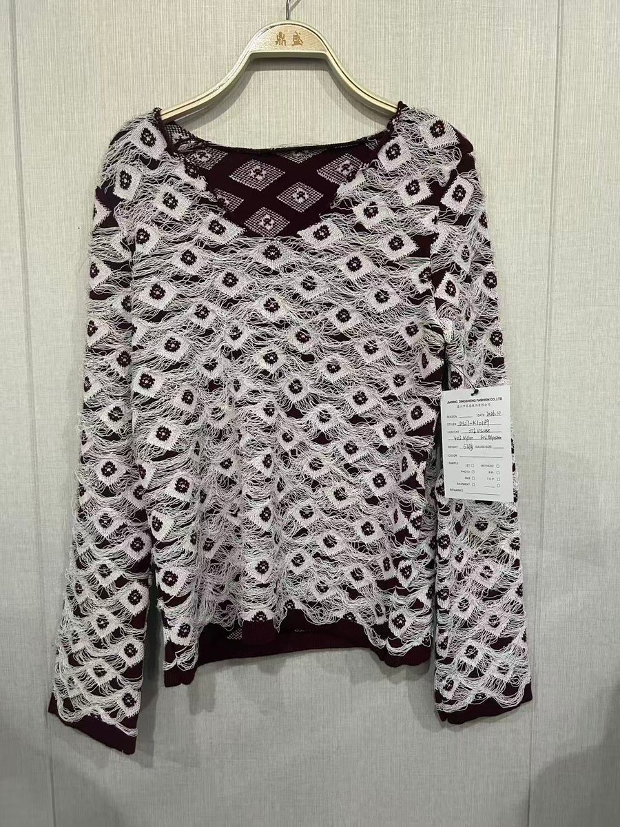 Burgundy and ivory geometric jacquard faux-mink pullover, style DS27-K10169, from the Knitwear World sample collection