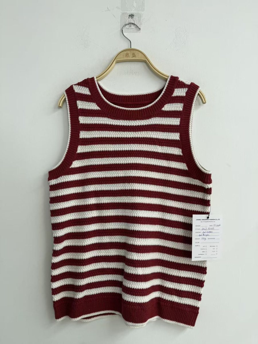 Burgundy and ivory stripe sweater vest, style DS27-K1035, from the Knitwear World sample collection