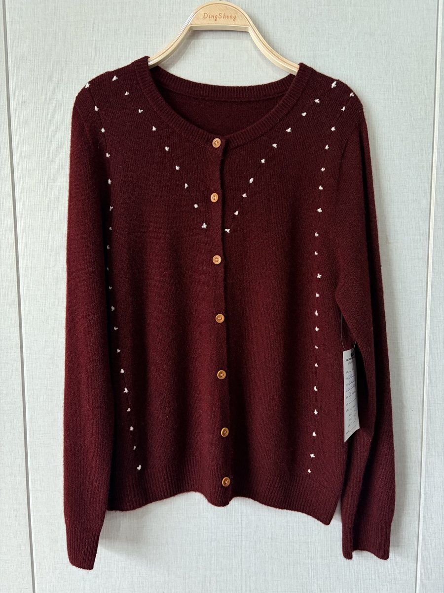 Burgundy cardigan with stud details, style DS27-K06022, from the Knitwear World sample collection