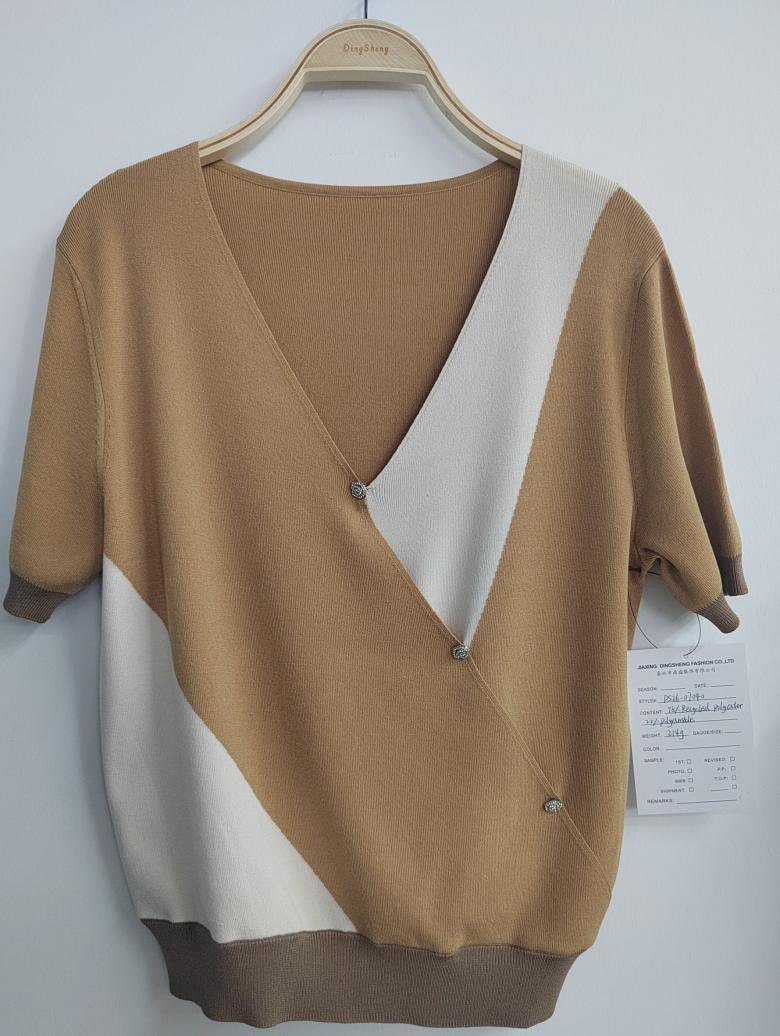 Camel and ivory colour-block wrap top, style DS26-07040, from the Knitwear World sample collection